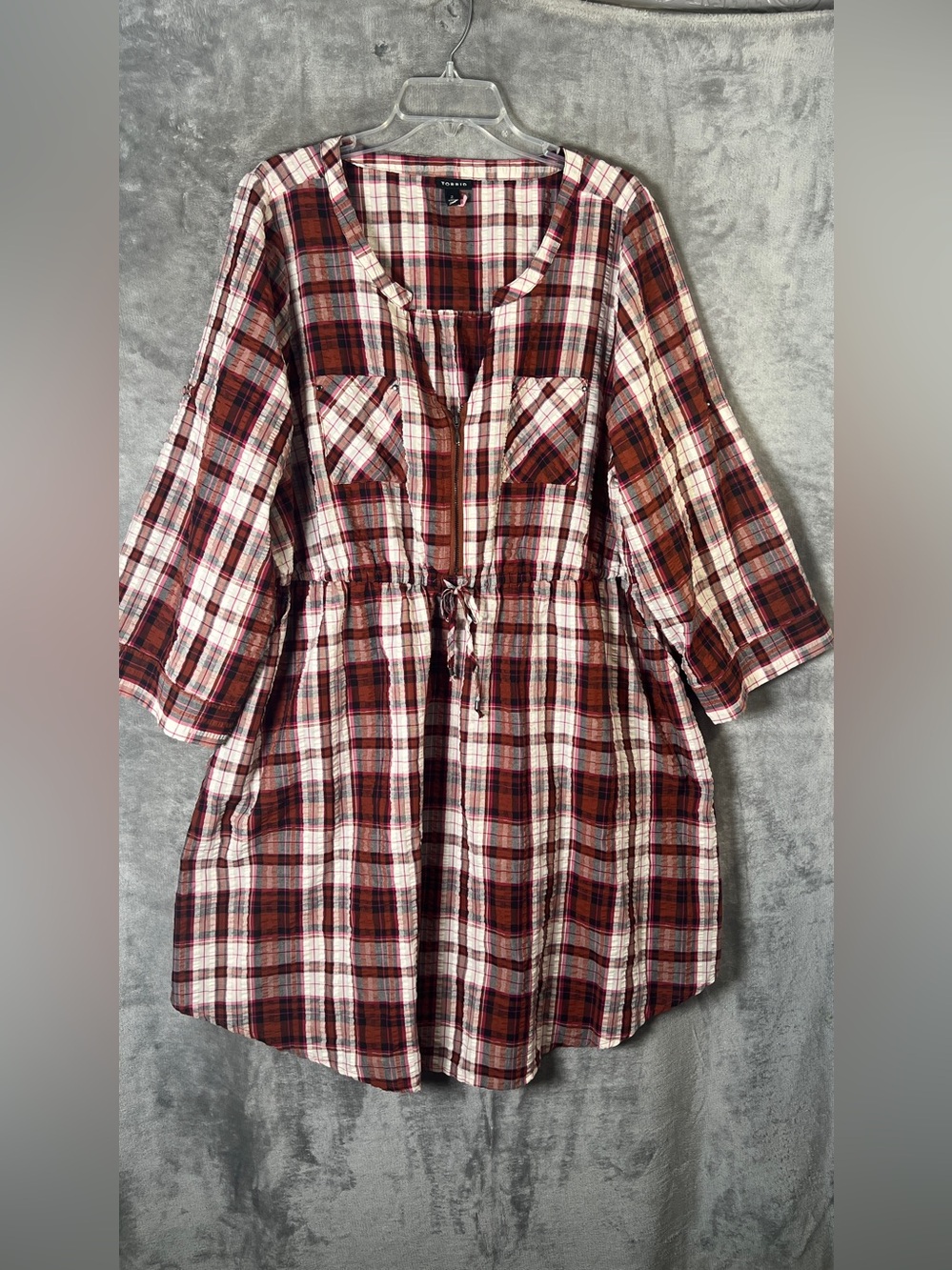 torrid Burgundy and Cream Plaid Long-Sleeve Tie-Waist Dress